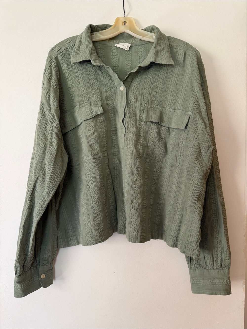 Light Sage Textured Button-Front Women's Shirt - Casual Collared Top